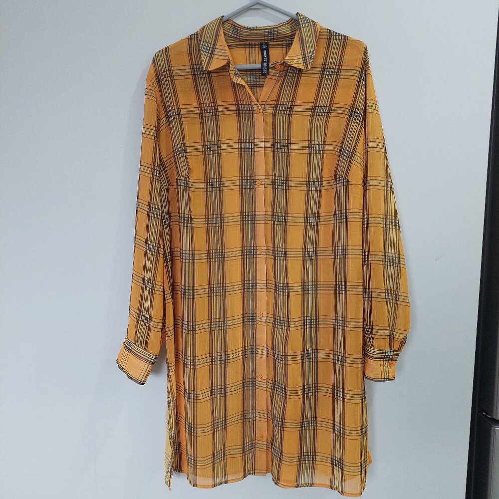 Design Lab by Lord & Taylor yellow black plaid button-down Long Shirt Dress 1X